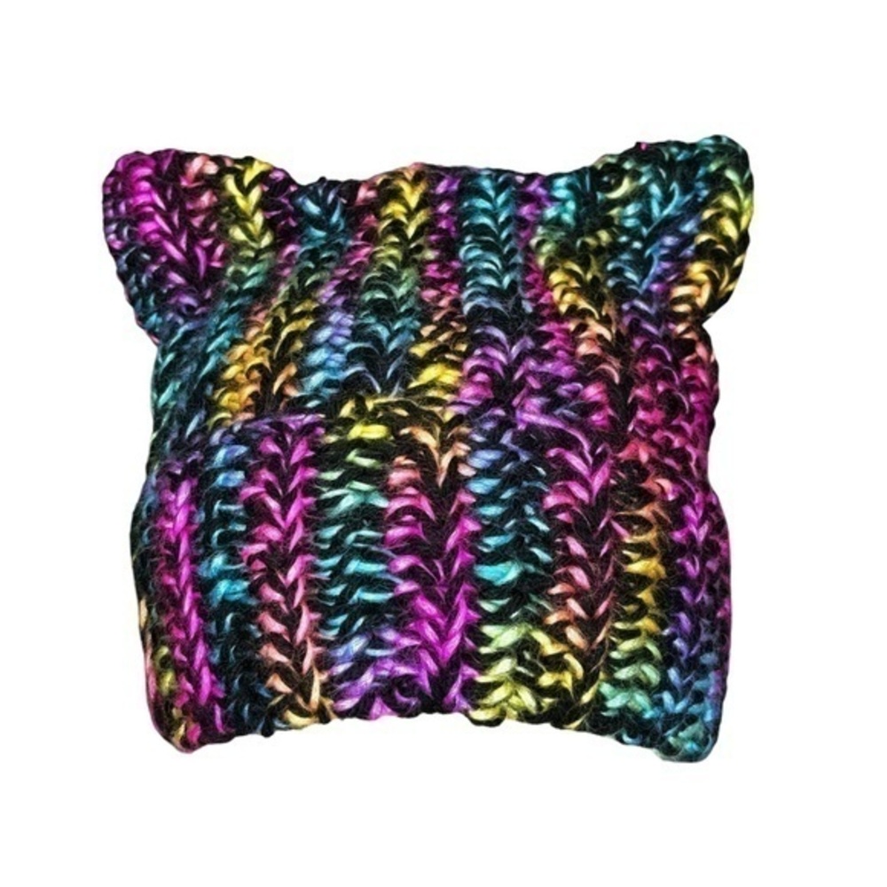 Handcrafted Crochet Winter Hat Rainbow Ice Yarn Black Big Twist Cat‎ Ear Ribbed